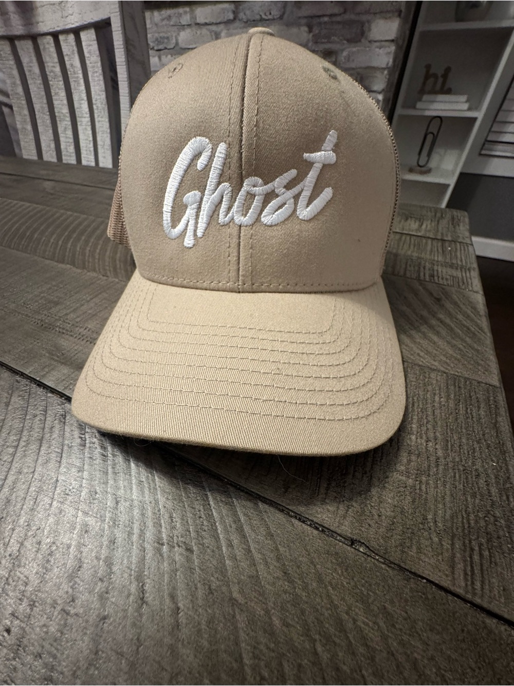 Ghost Embroidered Tan Trucker Hat